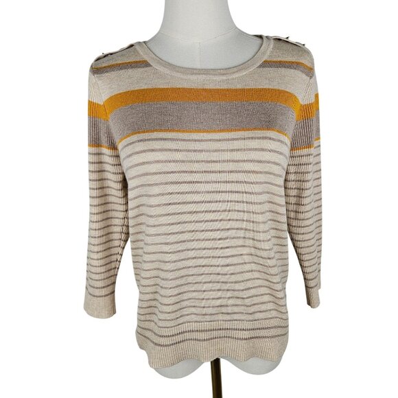Joseph A. Striped Button Shoulder Sweater Petite Medium Tan Preppy - Picture 1 of 9